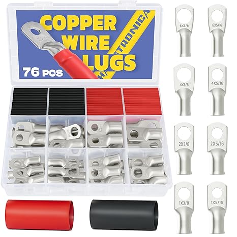 Haisstronica 76PCS Tinned Copper Lugs Kit, AWG 6–1, w/ Heat Shrink