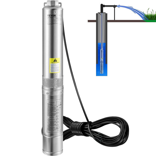 VEVOR Deep Well Pump, 0.5HP 230V, 28GPM 167ft, SS, 33ft Cord