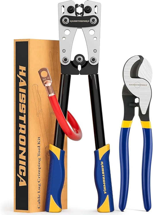 Haisstronica Crimp Tool Kit, Ratchet Hex Crimper + Cable Cutter, AWG 8–1/0