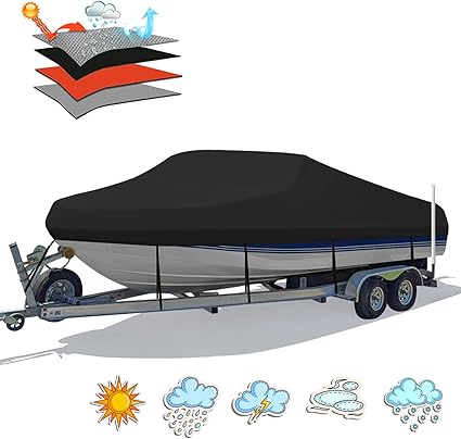 1200D Waterproof Boat Cover, 20-22ft, Black, with Tightening Straps