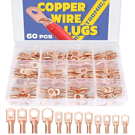 Haisstronica 60PCS Copper Lugs Kit, AWG 8–4, Crimp Ring Terminals