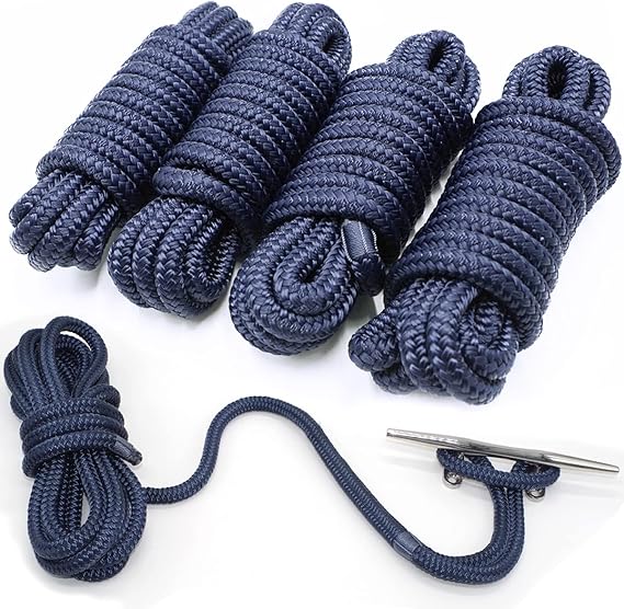 4-Pack Dock Lines, 1/2"x15', Double-Braided, Navy Blue