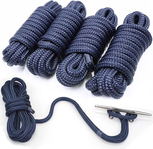 4-Pack Dock Lines, 1/2"x15', Double-Braided, Navy Blue