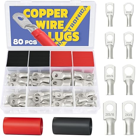Haisstronica 80PCS Tinned Copper Lugs Kit, AWG 8–2, w/ Heat Shrink