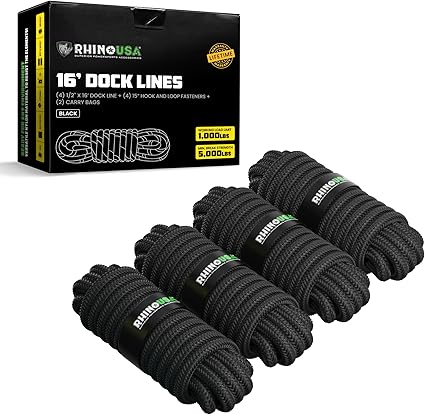 Rhino USA Dock Lines, 1/2"x16', Marine Rope (Black)