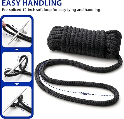 1/2"x15ft Boat Dock Lines, Double-Braided Nylon, 4-Pack (Black)