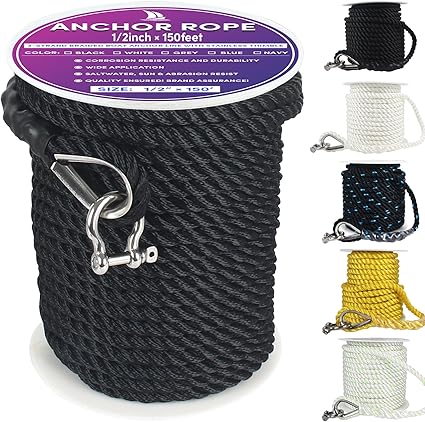 150ft Boat Anchor Rope, 1/2", w/ Thimble & Shackle, 3-Strand
