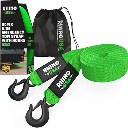 Rhino USA Tow Strap w/ Hooks, 2"x20', 10,321lb Break Strength